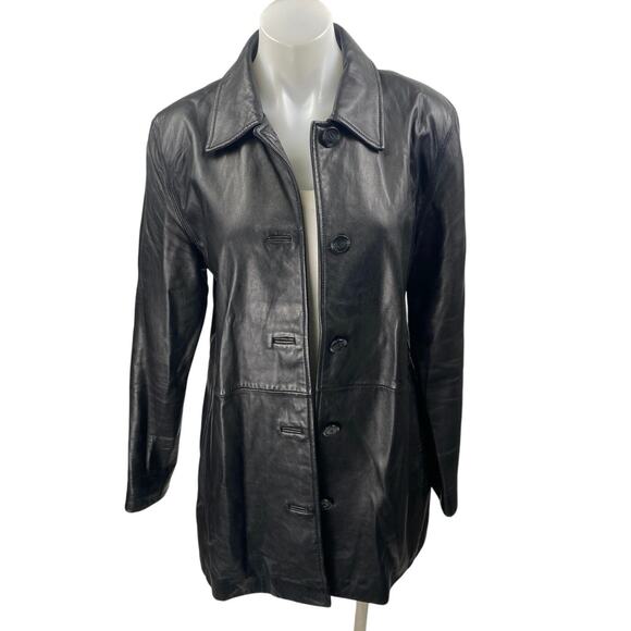 JLC 100% Leather Women's Black Button Down Collar Long Sleeve Coat Jacket Size M - Picture 1 of 4